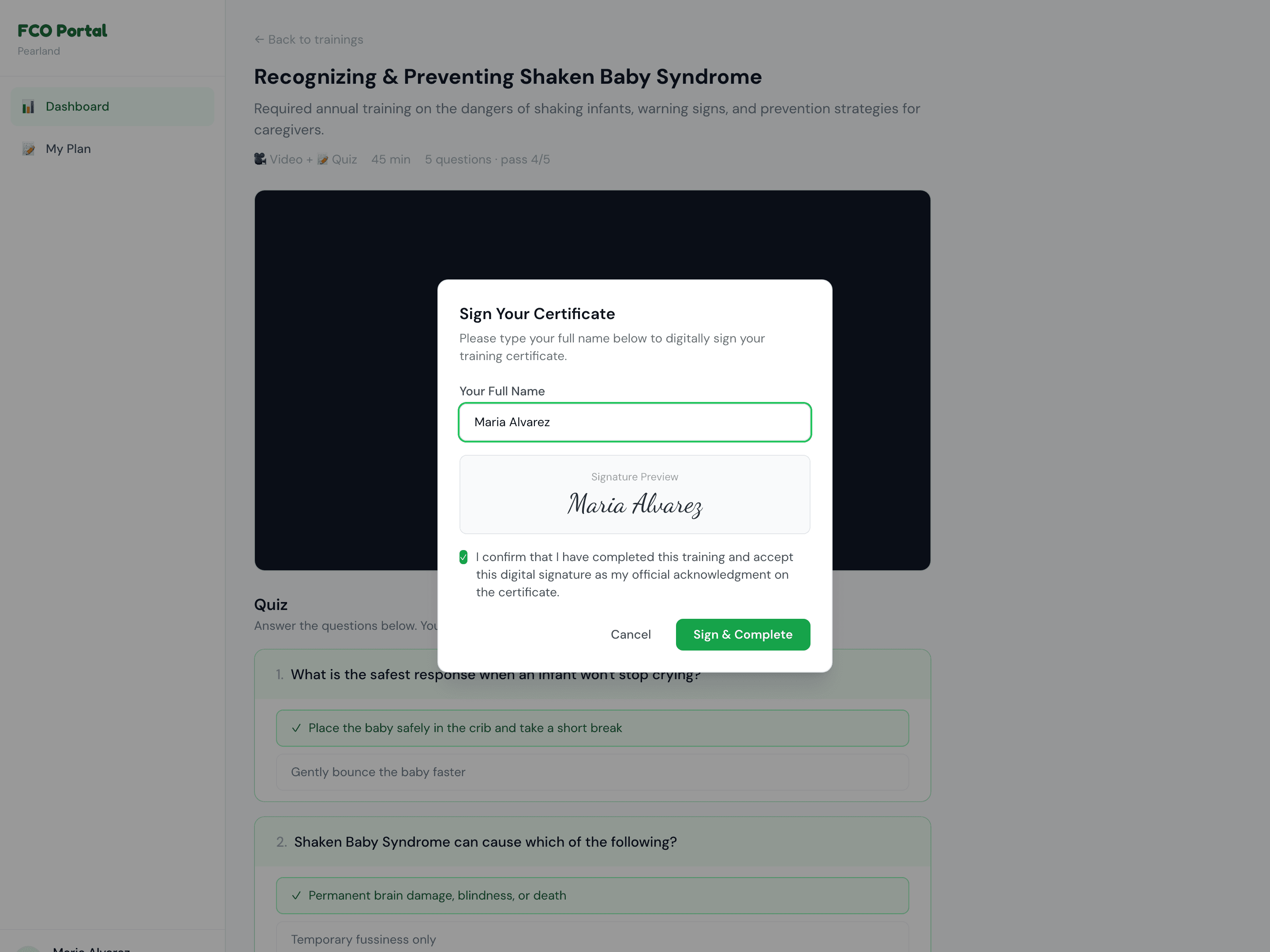 Digital signature capture for signing off on a completed training certificate