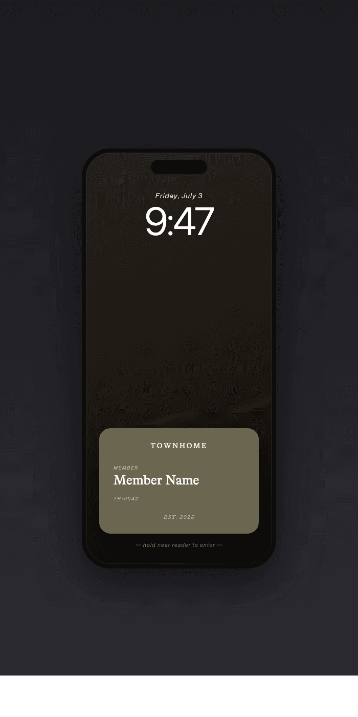 Branded Townhome membership pass in Apple Wallet on an iPhone