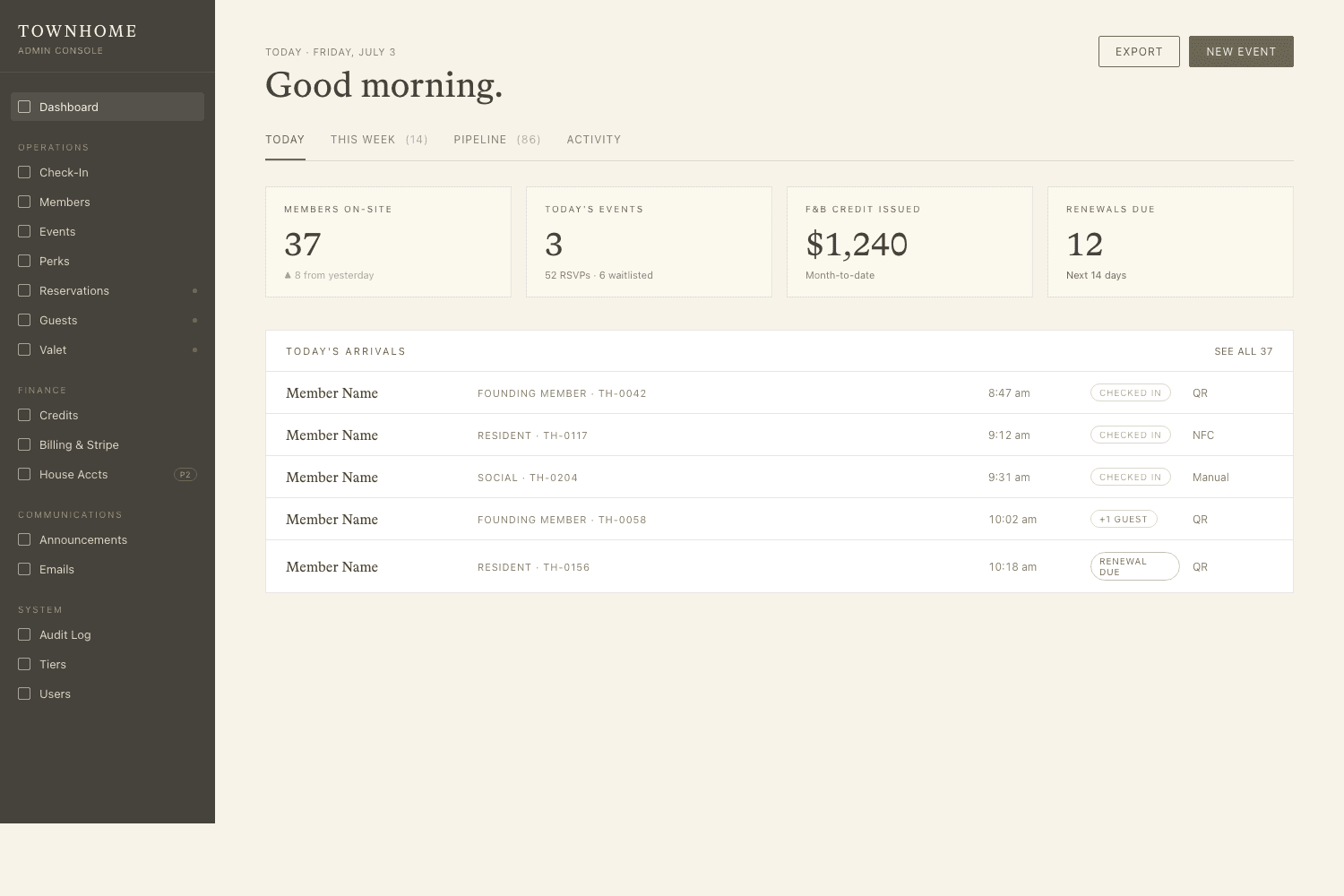Admin console managing events, members, perks, and membership tiers